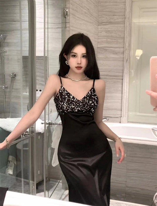 Brands Black Vneck Strap Dress New Summer Style Slim Fit Slim Long Dress Y2k