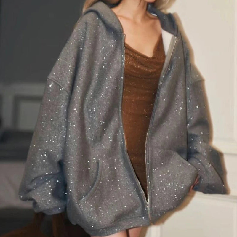 Embellished Hoodies Gray Starry Sweatshirts Oversize Bright Zip Coat Gentle Versatile Cardigan