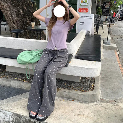 Summer Hot Retro Internet Celebrity Korean New Straight Tube Loose Wave Embroidery Pants Trend