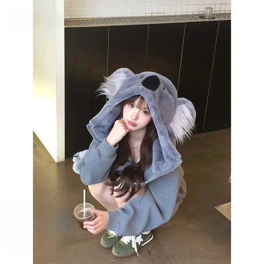 Sweet Hot Girl American Koala Hoodie Autumn/winter Longsleeved Zipper Loose Coat Female Clothes