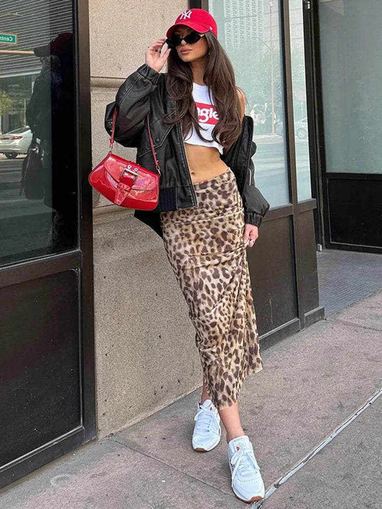 Leopard Print Maxi Skirt Summer Slim Patchwork High Waist Party Maxi Dress Maxi Skirt