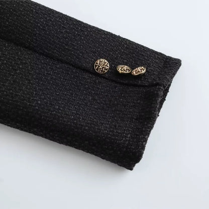 Autumn O Neck Soft Woolen Black Tweed Coat Cropped Front Pocket Single-breated Buttons Short Blazer Jacket