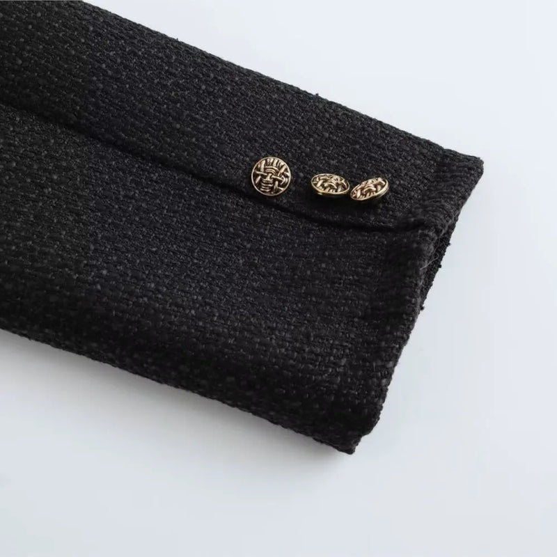 Autumn O Neck Soft Woolen Black Tweed Coat Cropped Front Pocket Single-breated Buttons Short Blazer Jacket