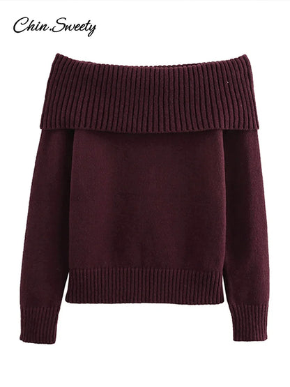 Burgundy Off Shoulder Sweater Knitted Long Sleeve Slim Fit Pullover Top Spring High Street Knitwear