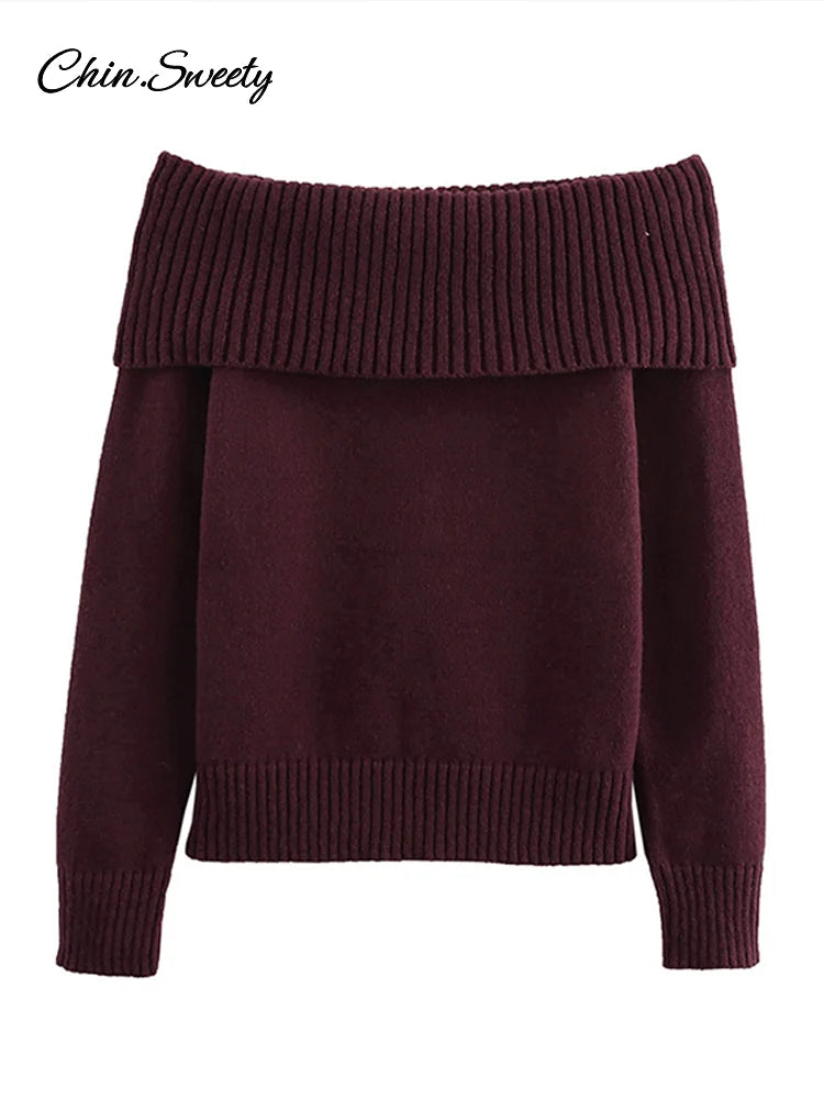 Burgundy Off Shoulder Sweater Knitted Long Sleeve Slim Fit Pullover Top Spring High Street Knitwear