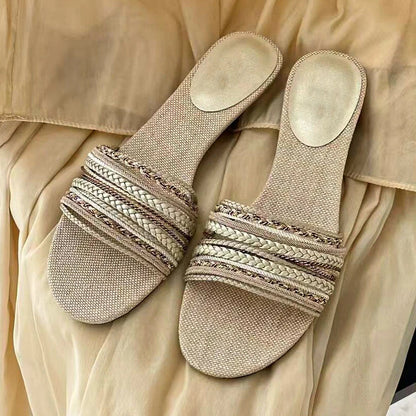 Designer Summer Low Heel Weave Slippers Open Toe Dress Slides Outdoor Gladiator Shoes
