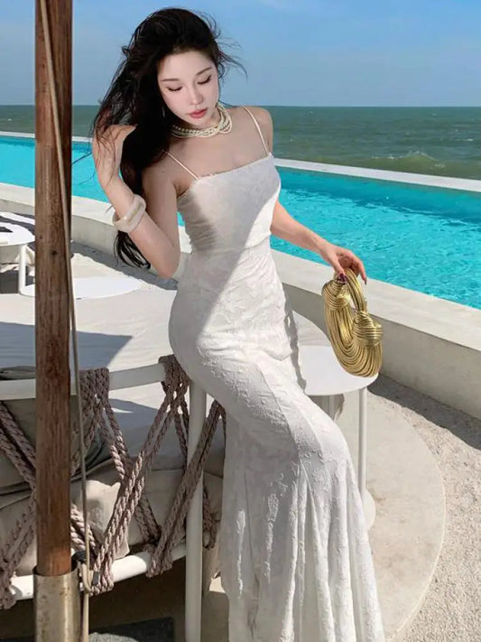 French Summer White Lace Club Slip Long Dress Yellow Backless Pleated Wrap Hip Fishtail Evening Dress Simplicity