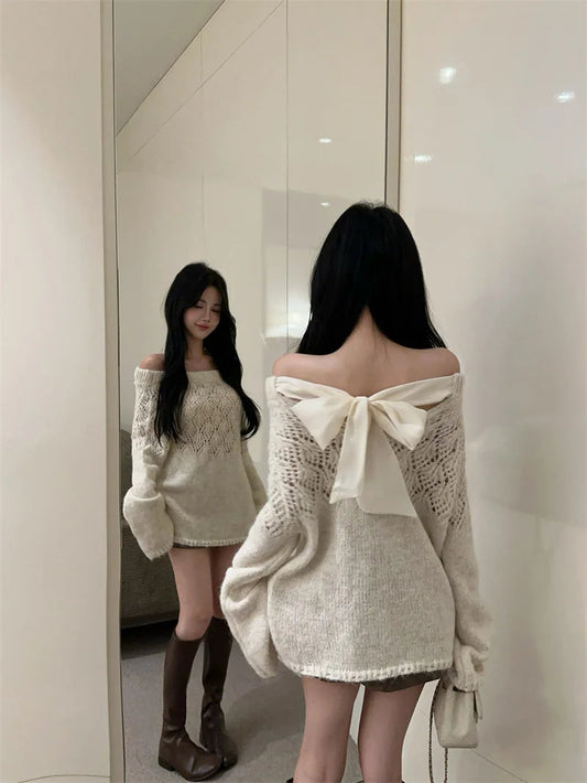 Sweet Hot Girl Pure Bow Laceup Sweater Autumn Hollowedout Slash Neck Loose Knitwear Female Clothes