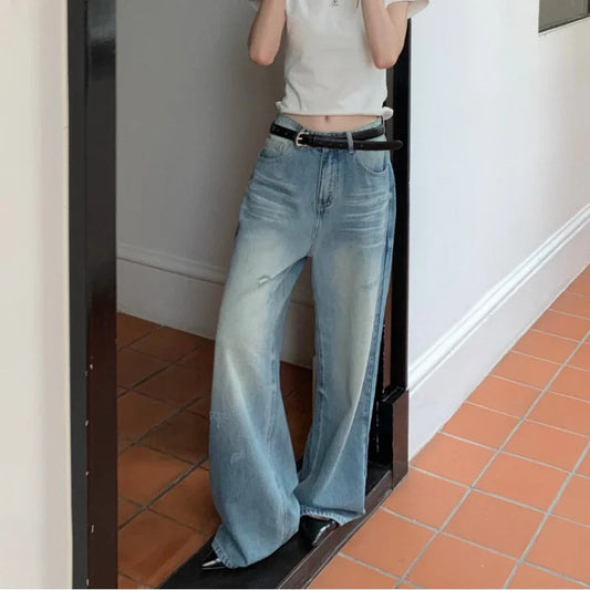 Washed Distressed Jeans Summer New Korean High Waist Loose Denim Wide Leg Pants