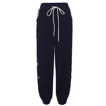 Side Striped Bow Drawstring Sweatpants High Waist Baggy Pants for Y2k