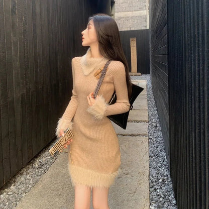 Knitted Dresses Autumn Winter Furry Patchwork Slim Stretch Sweater Dress Basic Long Sleeve Female