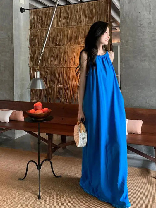 Summer Blue Round Neck Loose Pleated Bandage Long Dress New Club Sleeveless Vacation Dress Simplicity