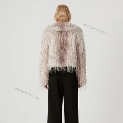 Exclusive Designer Winter Gradient Faux Peacock Fur Coat Furry Tassels Fur Jackets Y3k Outerwears