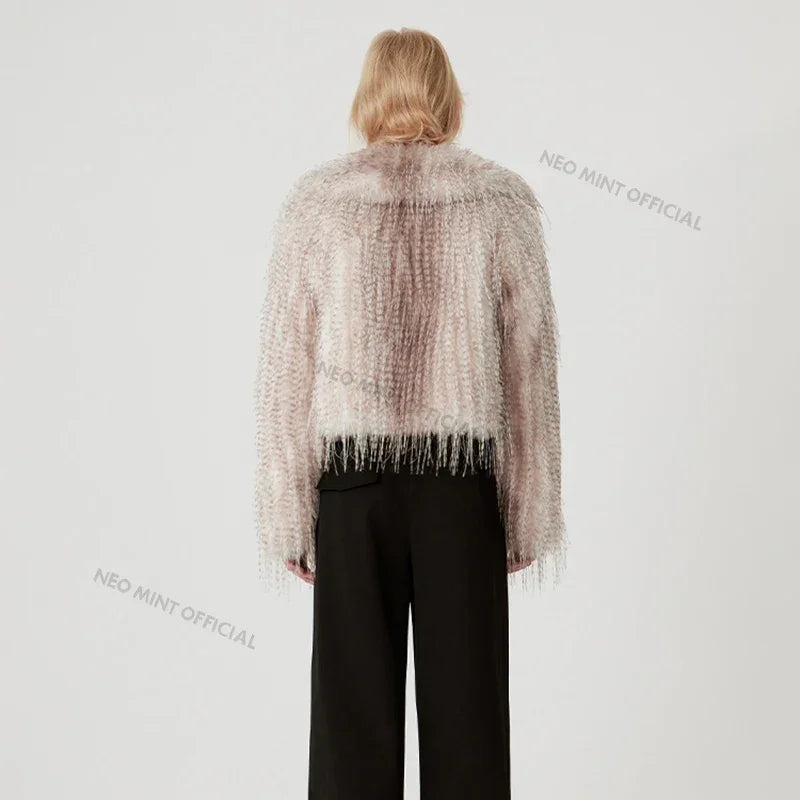 Exclusive Designer Winter Gradient Faux Peacock Fur Coat Furry Tassels Fur Jackets Y3k Outerwears