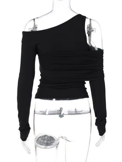 Black Off-shoulder Long Sleeve T-shirt for High Waist Autumn Slim Pullover Top Y2k Tee Top