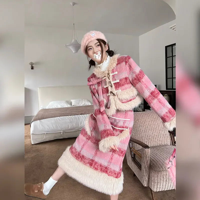 Winter Clothes New Splicing Sweet Woolen Set High End Bull Horn Buckle Grid Wool Coat Long Skirt Two Piece Set Outfits