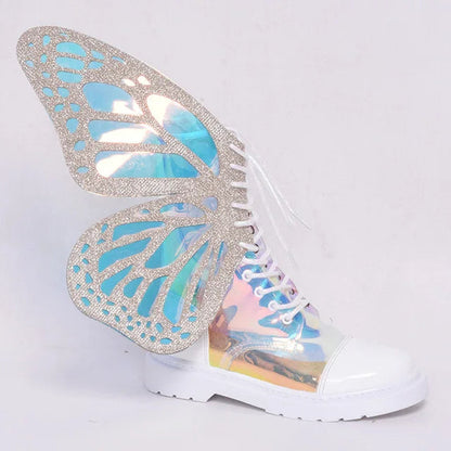 Shine Silver Real Leather Flat Sneakers Butterfly Wings Shoes Lace Up Ankle Boots Hightop Leisure Platform Shoes