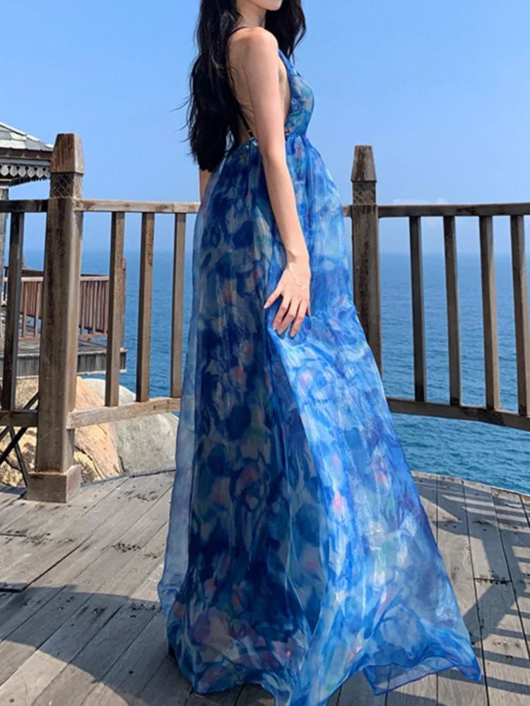 Summer Print Midi Dress Sleeveless Aline Maxi Vestidos Female Backless Long Robe New