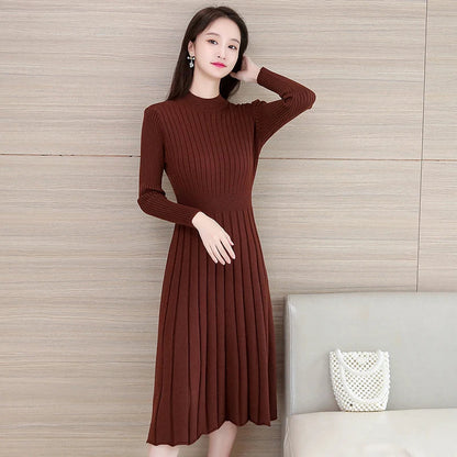 Autumn Winter O Neck Thick Maxi Knit Sweater Pullovers Dress Basic Aline Sweater Female Long Party Office Dresses