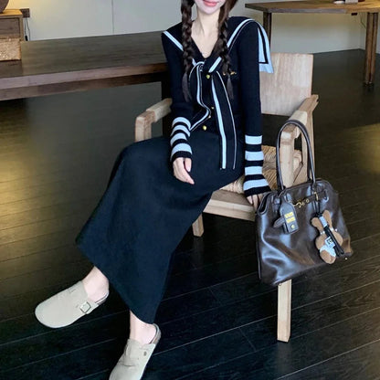 Autumn New Japanese Contrast Color Patchwork Laceup Long Sleeve Cardigan + Loose Knitted Aline Skirt Twopiece Suit