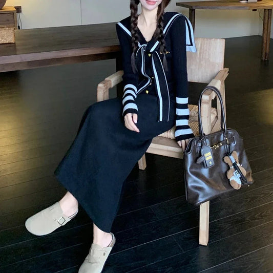Autumn New Japanese Contrast Color Patchwork Laceup Long Sleeve Cardigan + Loose Knitted Aline Skirt Twopiece Suit