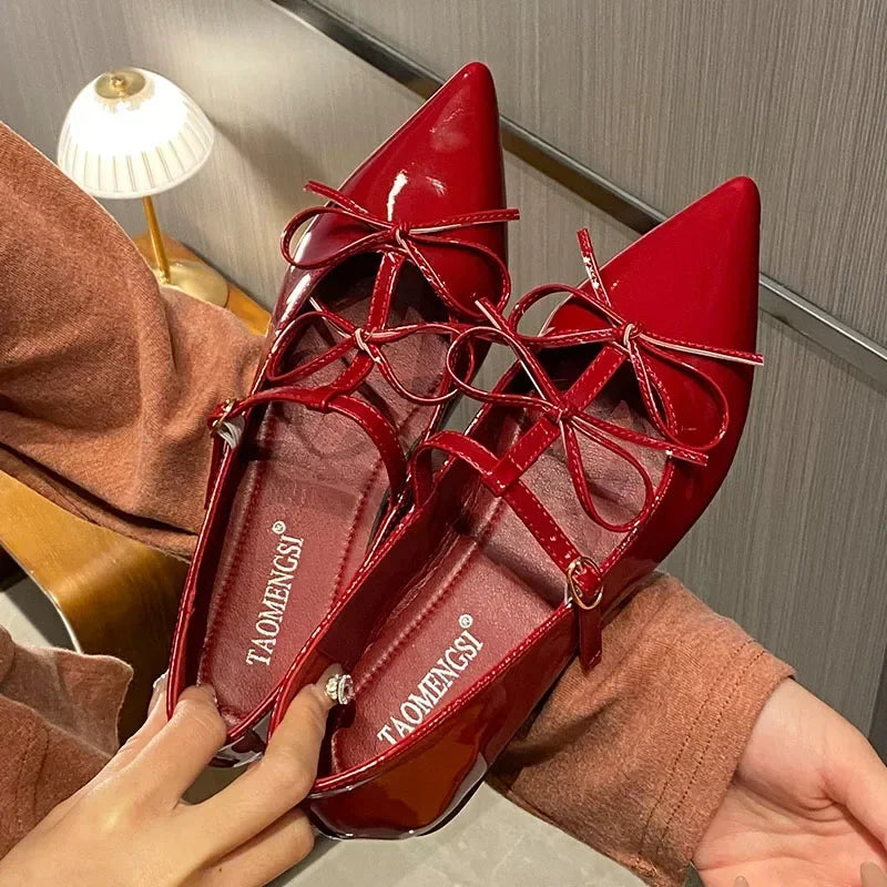 Pointed Toe Metal Buckle Bow T Strap Mary Jane Flats Banquet Dress Design Comfortable Single Shoes