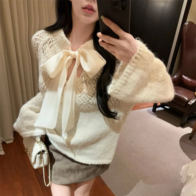 Sweet Hot Girl Pure Bow Laceup Sweater Autumn Hollowedout Slash Neck Loose Knitwear Female Clothes
