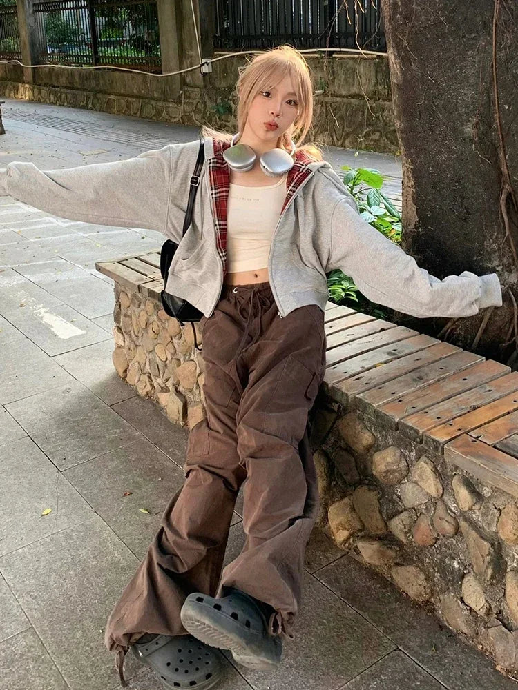 Tavimart - Plaid Patchwork Hoodies Gray 90s Retro Sweatshirt With Zipper Oversized Autumn Winter Clothes