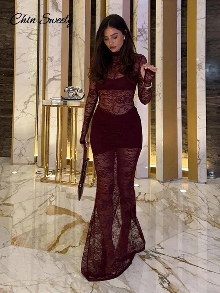 Lace Patchwork Long Dresses Slim Turtleneck Hollow Out Slit Party Dress Female Spring Slim See Through Robe New