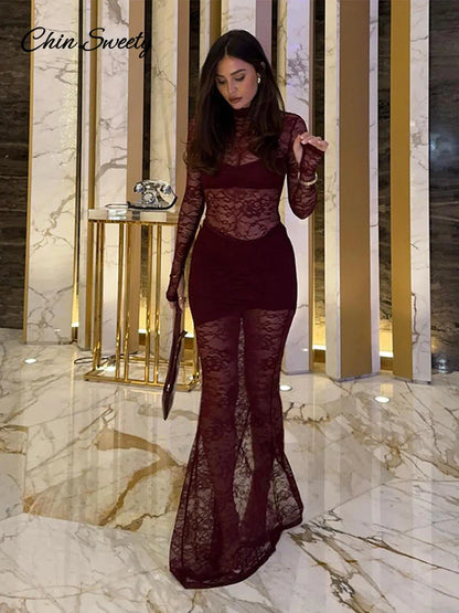 Lace Patchwork Long Dresses Slim Turtleneck Hollow Out Slit Party Dress Female Spring Slim See Through Robe New