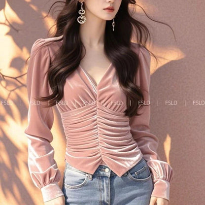 Velvet Long Sleeve T Shirt V Neck Lady Tee Youth Top Basic Blouse New