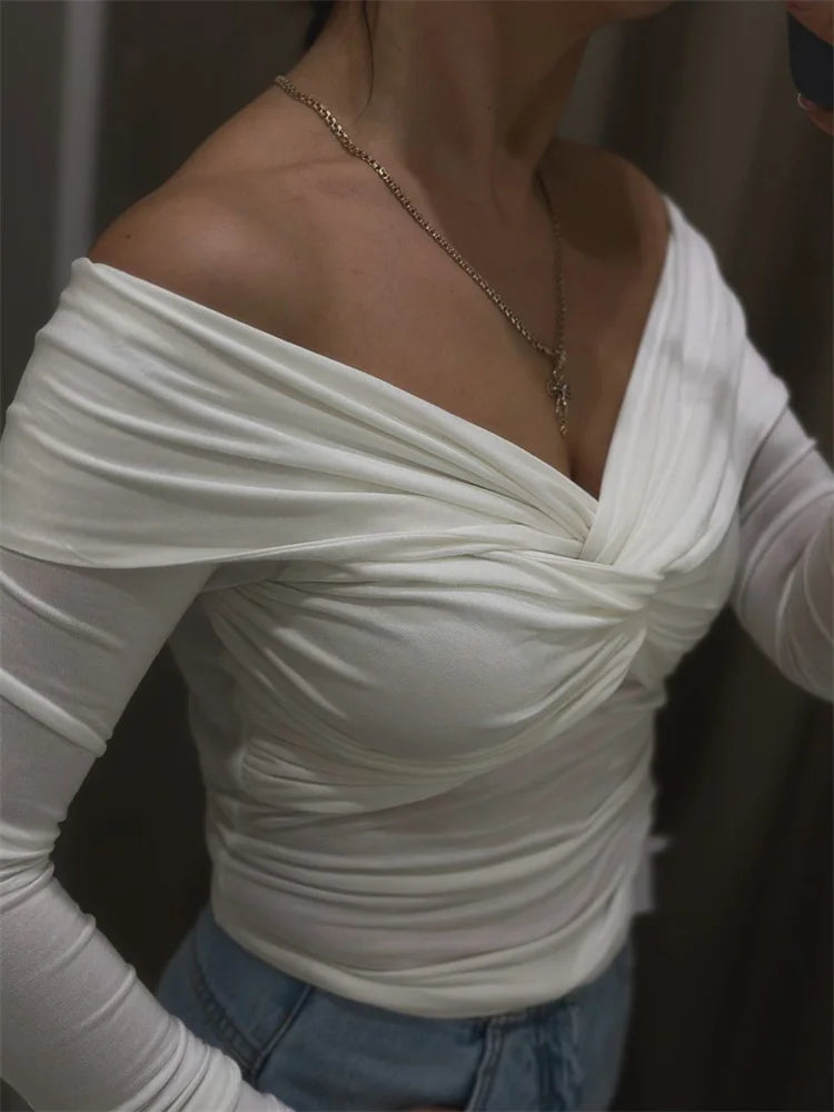 Summer Off-shoulder T-shirt Top ’s Pleated Long Sleeve Inner V-neck White Slim Twist Cropped Pullover Female Tee