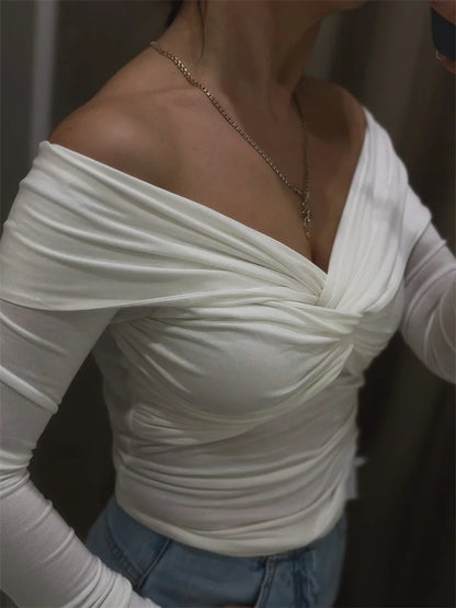 Summer Off-shoulder T-shirt Top ’s Pleated Long Sleeve Inner V-neck White Slim Twist Cropped Pullover Female Tee