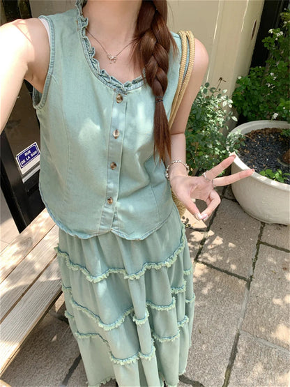High Street Sweet Ruffles Denim Vest Coats Aline Mopping Suits Slim Loose Summer Skirts Office Lady