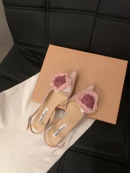 New Flower Designer Sandals Satin Mule Shoes Summer Pointed Toe Pumps Low Heel Flowers Slingback Sandals Female
