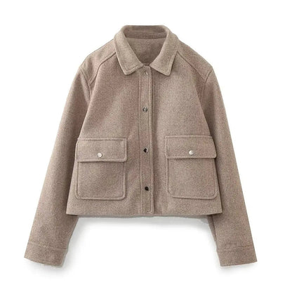Pockets Cropped Jacket Woman Spring Turn Down Collar Long Sleeve Khaki Short Coat New Outerwear Tops