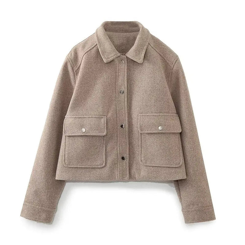 Pockets Cropped Jacket Woman Spring Turn Down Collar Long Sleeve Khaki Short Coat New Outerwear Tops
