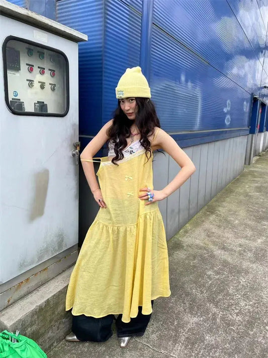 Summer French Vacation Style Lemon Yellow Splicing Lace Bow Strap Camisole Dress for Thin Loose Aline Long Dress