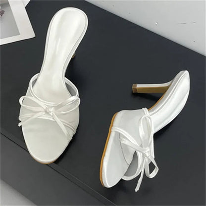 Summer Butterflyknot Breathable Holes Mesh Open Toe Woman Slippers Thin High Heels Party Dress Shoes