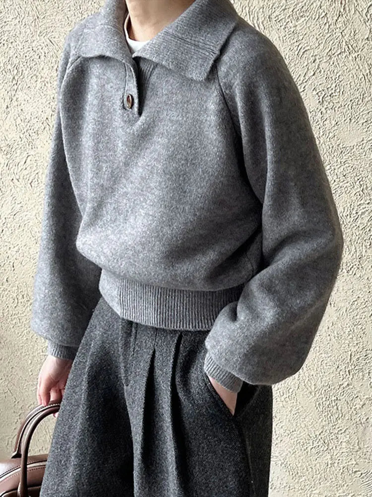 Knitted Lapel Sweaters Loose Button Long Sleeve Pullover Sweater Female Autumn Base Tops