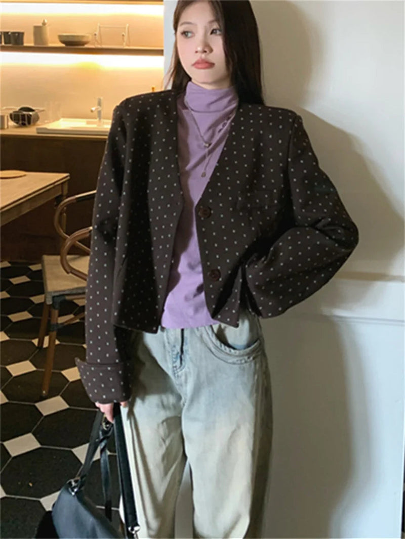 Office Lady Coats New Woolen Autumn Polka Dots Slim High Street Work Wear Vneck