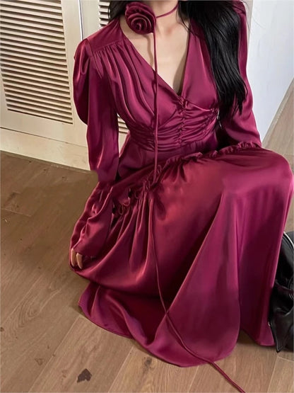 Autumn Satin Midi Dresses for Long Sleeve V-neck Folds Design A-line Korean Office Lady One Piece Vestidos New