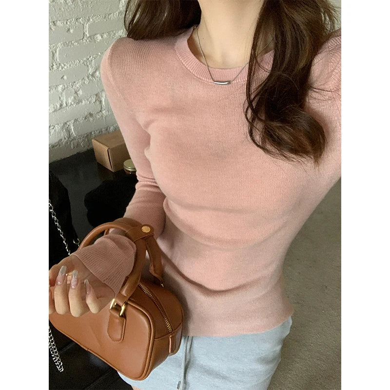 Autumn Winter New Slim Versatile Sweaters Korean Long Sleeve Knitted Round Neck Pullover Tops Clothes