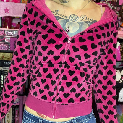 Y2k Heart Print Velvet Jacket With Hooded Pink Sweet Style Autumn Pocket Zipper Coat Retro Slim Outwear Winter