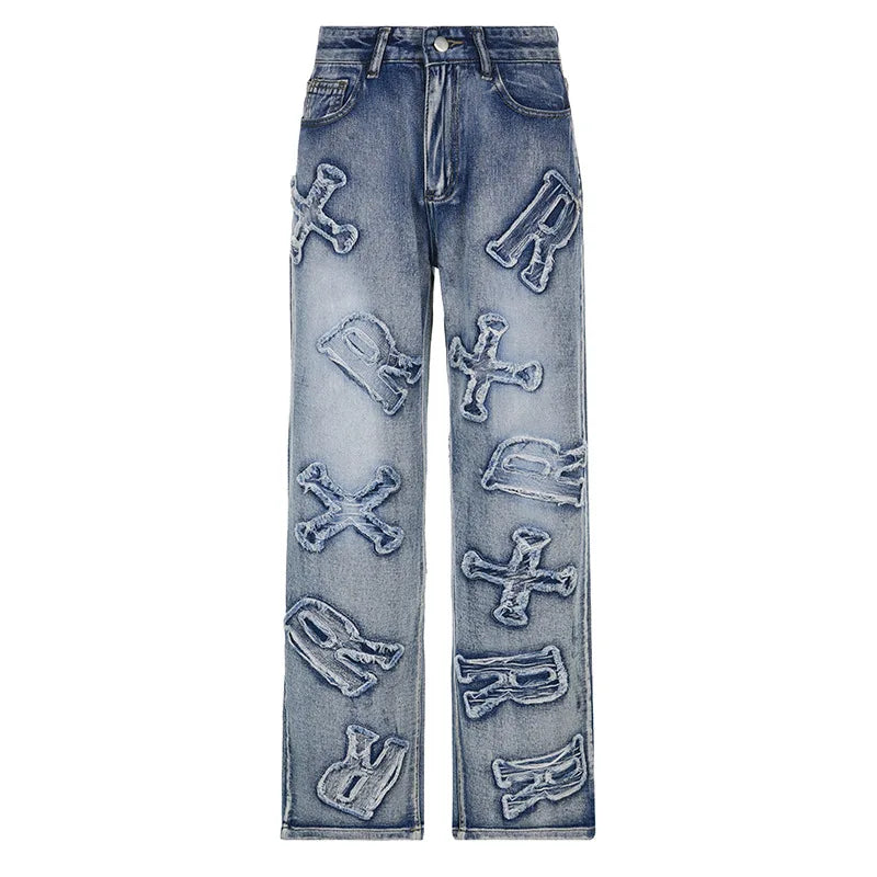 Patchwork Jeans Y2k Baggy Straight Cargo Pants Punk High Waist Wide Leg Denim Trousers 90s