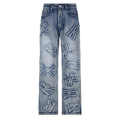 Patchwork Jeans Y2k Baggy Straight Cargo Pants Punk High Waist Wide Leg Denim Trousers 90s