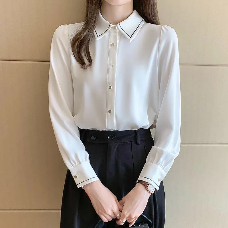 Spring Autumn Style Blouses Shirts Lady Long Sleeve Turn-down Collar Color Blusas Tops Df4959