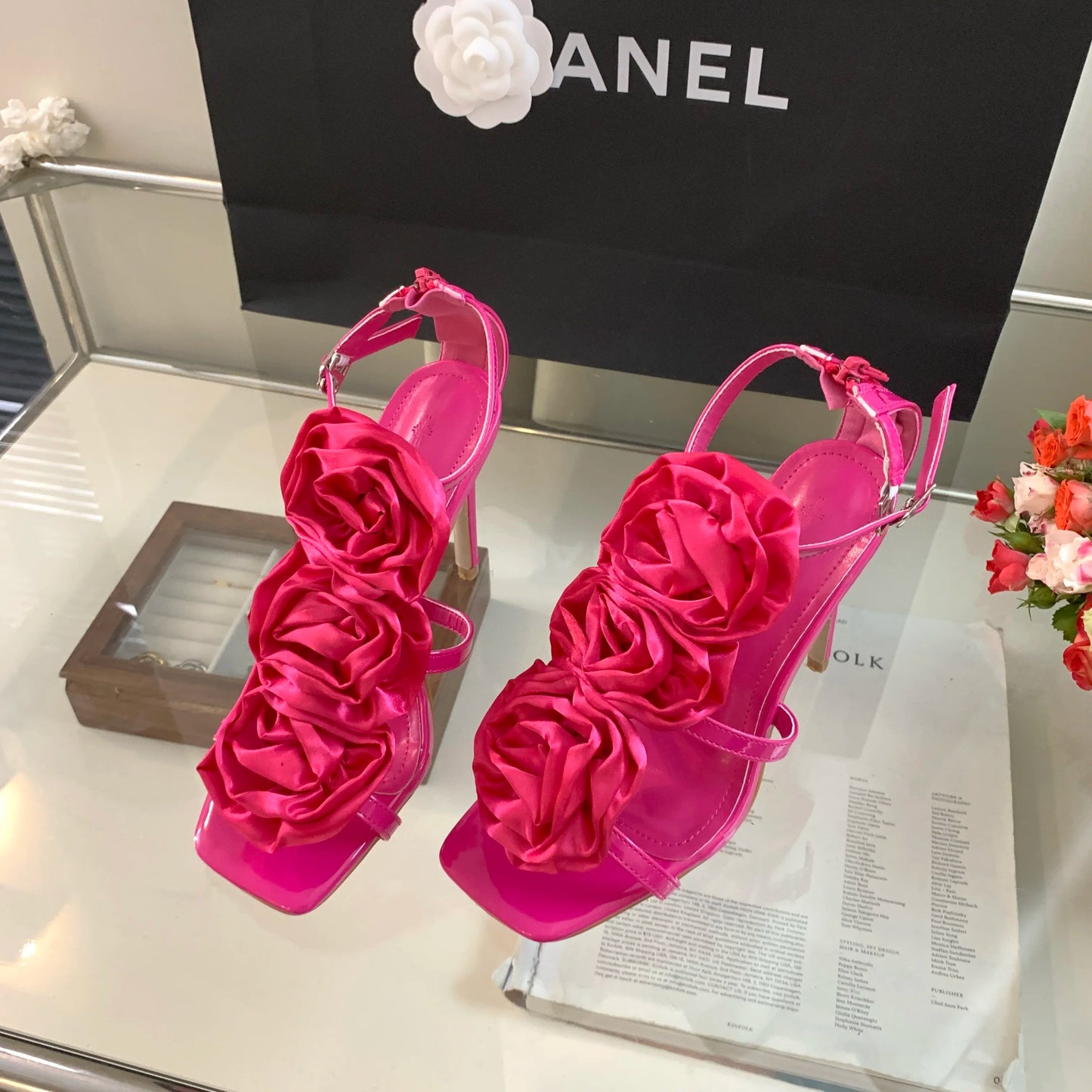 Flower Heeled Sandal Silk Rose Flower Opentoe Stiletto Shoes Roman Sandals 3540 Sizes High Heels