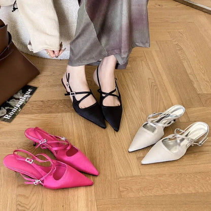 Silk Designer High Heeled Sandals Narrow Band Shallow Low Heel Office Shoes Female Pointed Toe Pumps Brand Slingback