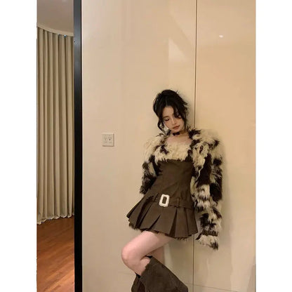 Autumn and Winter New Imitation Fur Leopard Pattern Fur Coat Waist Slimming Coffee Color Slip Dress Two Piece Set Outfits